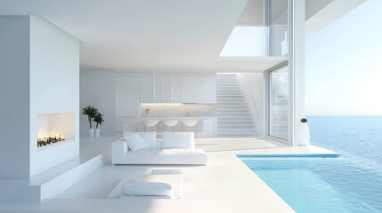 Modern open-plan living room with a white kitchen and an elegant fireplace, leading to a cozy patio with a pool.