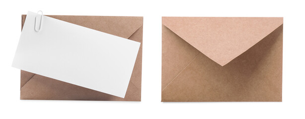 Kraft paper envelopes and blank letter isolated on white