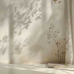 A serene interior with soft shadows and a delicate plant in a vase, creating a calming atmosphere.
