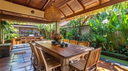 Fototapeta premium Serene Outdoor Dining Area in Tropical Garden with Rustic Wooden Table Surrounded by Lush Greenery and Natural Elements Enhancing Relaxation and Enjoyment