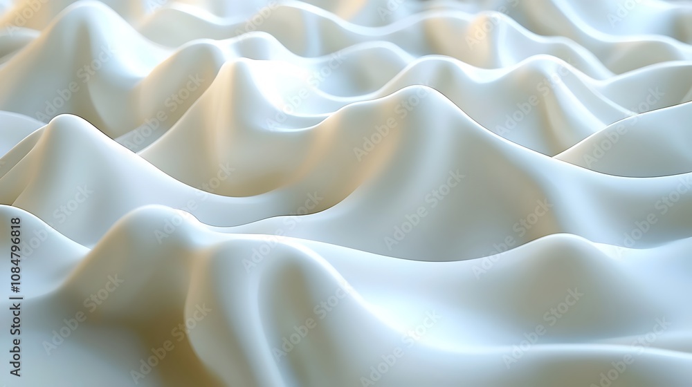 Poster a close-up of flowing white fabric that resembles soft, rolling hills or waves, creating a serene an