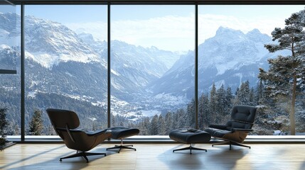 Cozy Modern Living Room with Panoramic Window Overlooking Snowy Mountain Landscape and Pine Trees in Winter, Perfect for Relaxation and Inspiration