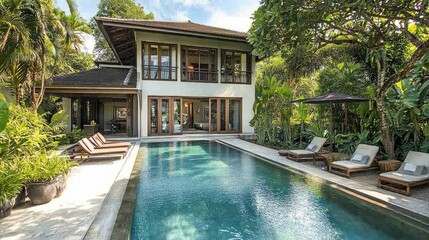 Fototapeta premium Modern villa with stunning pool and lush tropical garden surrounded by greenery, perfect for relaxation and leisure in a serene outdoor setting