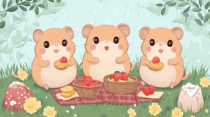 Three cute hamsters enjoying a picnic with strawberries and pastries on a blanket in a grassy setting.