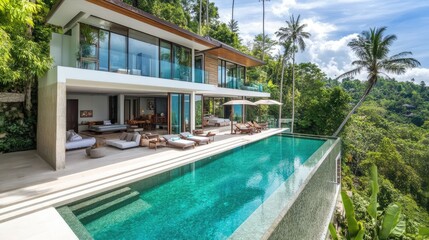 Luxury tropical villa with stunning infinity pool surrounded by lush greenery and palm trees, perfect for a serene vacation getaway in a tropical paradise