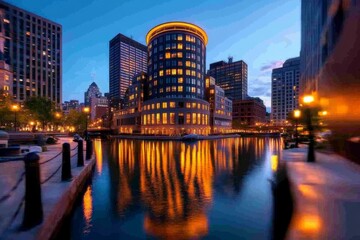 Obraz premium City skyline at night with brightly lit windows and reflections on a nearby river, capturing the energy of urban nightlife