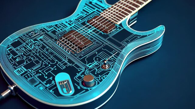 wireframe A futuristic guitar design featuring a blue circuit board pattern, technology with music artistry.