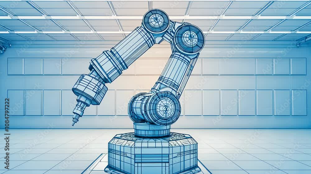 Poster wireframe illustration of a robotic arm in a modern, bright workspace, advanced technology and autom