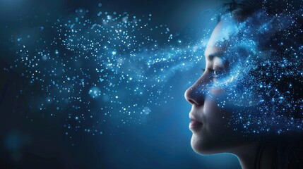 Obraz premium A woman's face is half obscured by a swirling blue cloud of glowing particles, representing a dreamlike or mystical state.