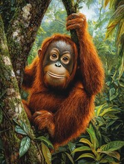 Obraz premium Playful Young Orangutan Hanging on Tree Branch in Lush Tropical Forest Surrounded by Vibrant Green Leaves and Soft Natural Light