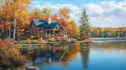 Fototapeta premium Serene autumn landscape featuring a cozy cabin by a tranquil lake, surrounded by vibrant fall foliage, reflecting the colorful trees under a bright blue sky.