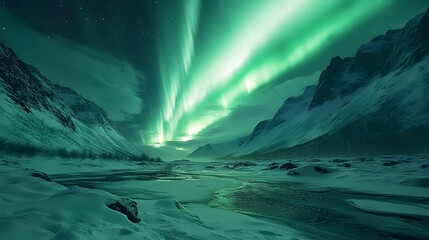 Fototapeta premium Aurora Borealis Illuminates a Frozen River Valley at Night