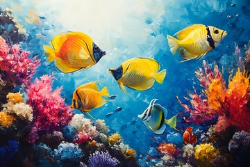 Obraz premium Vibrant underwater scene with colorful fish and coral reefs.