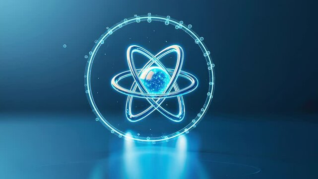 A glowing blue atom model illustrating atomic structure and scientific concepts
