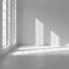Obraz premium A minimalist interior with large windows casting shadows on a white wall.