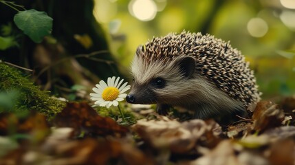 Fototapeta premium Adorable Hedgehog Sniffs Delicate Daisy Flower in a Lush Green Garden Surrounded by Colorful Leaves and Soft Natural Light