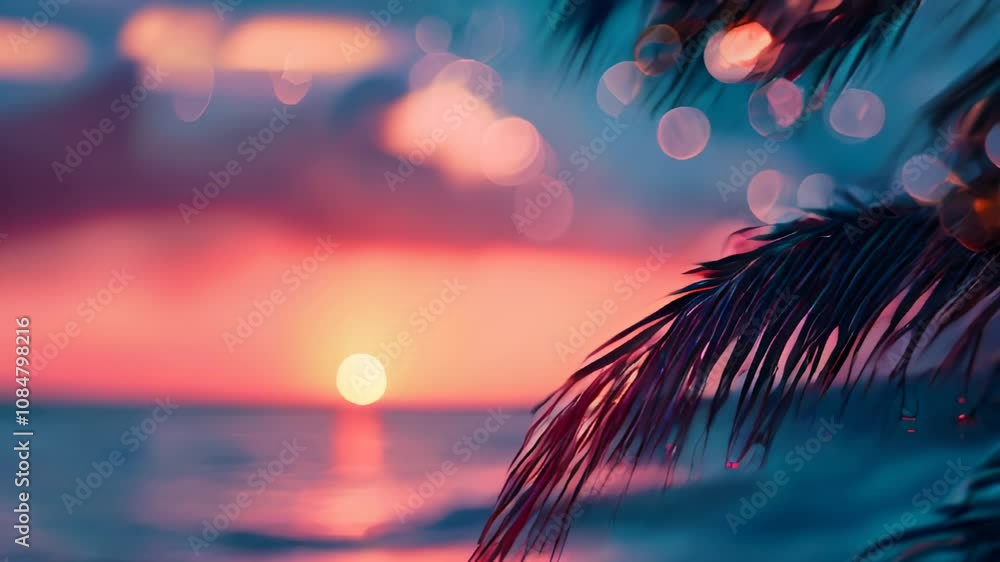 Aufkleber palm leaves in focus with a dreamy sunset and colorful bokeh effect in the background, creating a tr