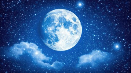 Fototapeta premium Breathtaking Night Sky with a Bright Full Moon Surrounded by Twinkling Stars and Soft Clouds in a Deep Blue Atmosphere for Celestial Inspiration
