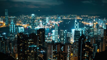 Fototapeta premium A cityscape at night with illuminated skyscrapers and bustling streets, Urban nightlife scene, Modern lifestyle style