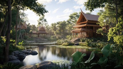 Naklejka premium Tranquil Thai Landscape with Traditional Architecture Surrounded by Lush Greenery and Serene Waterways Under a Clear Blue Sky