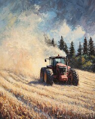 Fototapeta premium Vibrant Tractor in Action on Golden Field Under Dramatic Sky, Capturing the Essence of Hard Work and Nature's Beauty in Rural Farming Landscape