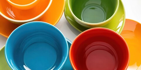 A vibrant arrangement of colorful bowls and plates, ideal for serving food.