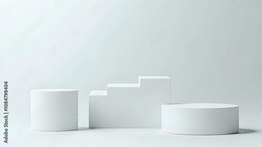 Poster abstract 3d render of white geometric platforms against a minimalist background, ideal for product d