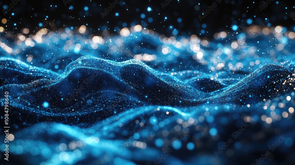 Poster abstract representation of shimmering blue waves with vibrant light particles creating a beautiful o