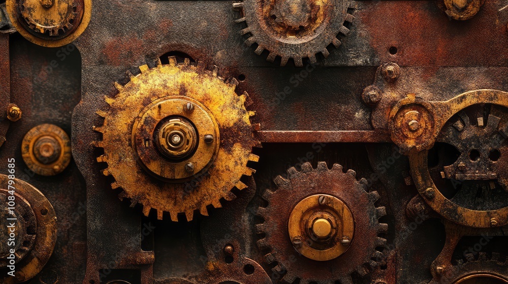 Aufkleber rusty gears and cogs creating a complex mechanical background with a vintage industrial feel for art