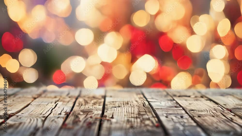 Poster rustic wooden table surface with a background of warm and festive red and golden bokeh lights, perfe