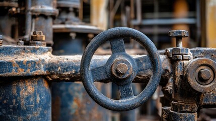 Detailed Close-Up of an Industrial Valve Wheel on a Weathered Machine Surface in an Abandoned Factory Setting Showcasing Rust and Patina Accumulation