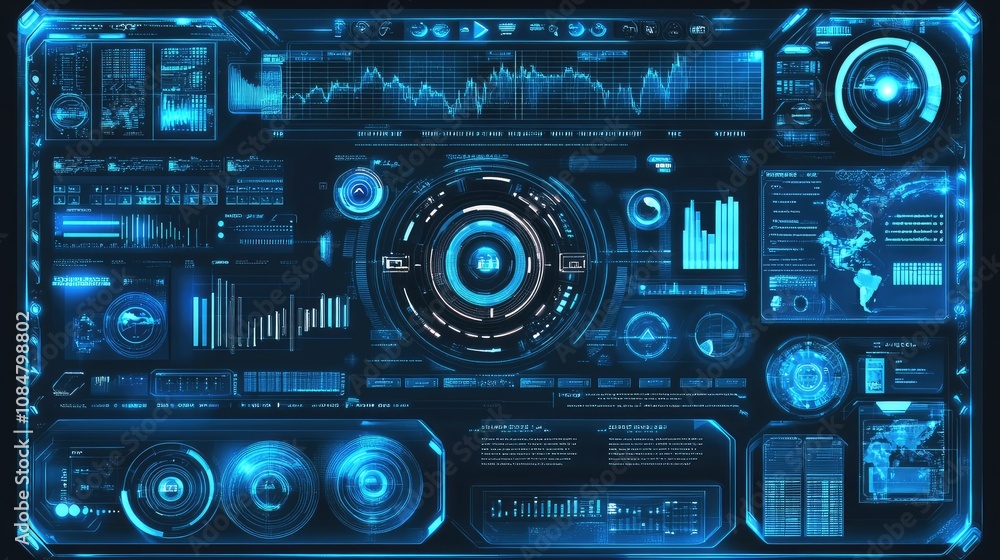 Poster futuristic digital interface with advanced data visualization and analytics for technology, business