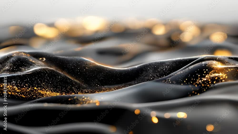 Poster abstract black waves with shimmering golden glitter particles and bokeh lights, creating a luxurious