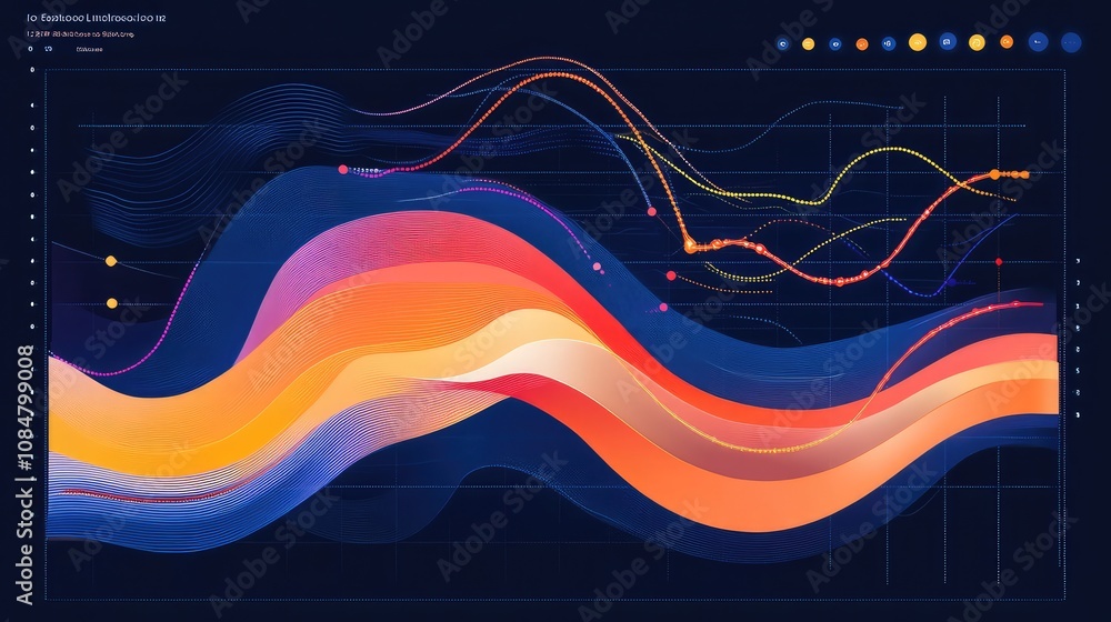 Poster artistic visualization of colorful data waves on dark background representing dynamic movement and d