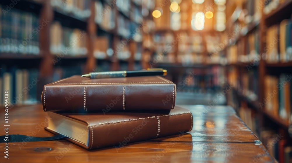 Poster a classic leather-bound journal with a digital writing assistant, set in a modern library study, sym
