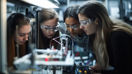 Group of Young Women Collaborating in a Modern Laboratory, Engaged in Scientific Experimentation with Focused Expressions and Protective Gear