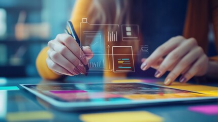 Young Professional Using Digital Tablet to Create Business Charts and Graphs with Innovative Interface Design in Modern Office Environment