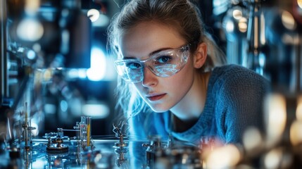 Young Female Scientist Focused on Experiment in High-Tech Laboratory Surrounded by Scientific Equipment and Laboratory Glassware