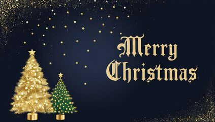 Naklejka premium Merry Christmas card, Christmas background with a tree on a navy background and a Merry Christmas message