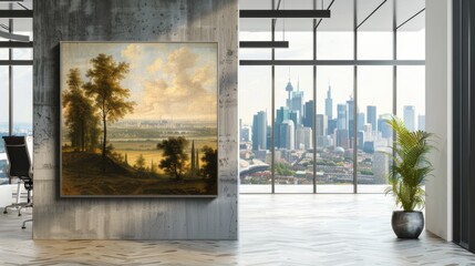 Fototapeta premium A classic painting of a countryside with a modern city skyline in the background, framed on a contemporary office wall, symbolizing the juxtaposition of traditional landscapes and urban development