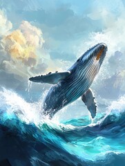 Obraz premium Majestic Humpback Whale Breaching the Ocean Surface Under a Dramatic Sky with Splashes and Waves, Showcasing Nature's Beauty and Power