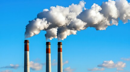 White Smoke Emitting from Industrial Chimneys Against a Clear Blue Sky During Daylight, Symbolizing Air Pollution and Environmental Impact