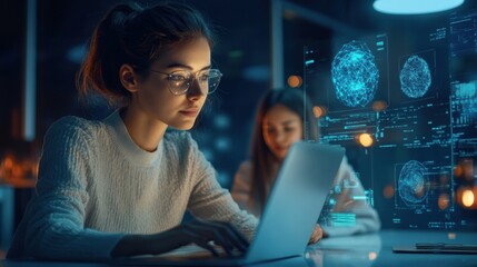 Young woman working late at night on a laptop in a modern office space, with digital holographic graphs creating a futuristic atmosphere in the background