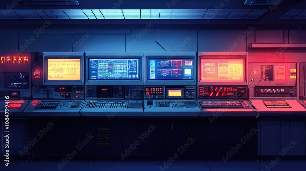 Poster futuristic control room with high-tech interfaces and colorful screens, perfect for sci-fi themes an