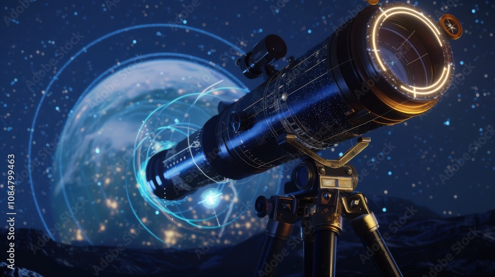 Poster a classic telescope with augmented reality overlays showing celestial objects, set under a starry ni