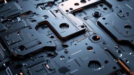 Fototapeta premium Abstract Close-Up of Intricate Metallic Circuit Board Details with Glossy Finish Illuminated by Soft Light in Modern Technology Theme