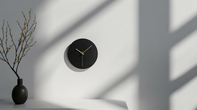 A clock hanging on a minimalist wall, symbolizing the passage of time and the importance of punctuality in modern life, Clock scene