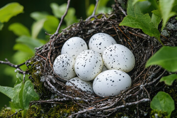 Obraz premium A close-up of a bird's nest containing speckled white eggs among green foliage.