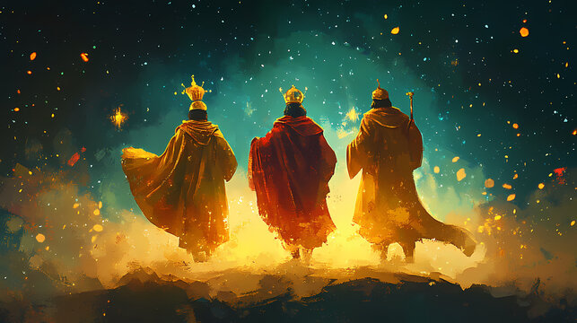 The three magi king of orient, the three wise men illustration, melchior, caspar and balthasar, epiphany celebration, christmas card wallpaper banner. Epiphany. Illustration