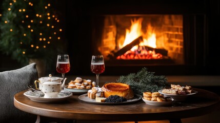 Fototapeta premium French New Year Food. A cozy holiday scene featuring a table with festive treats, drinks, and a warm fireplace in the background, creating a perfect atmosphere for celebration.